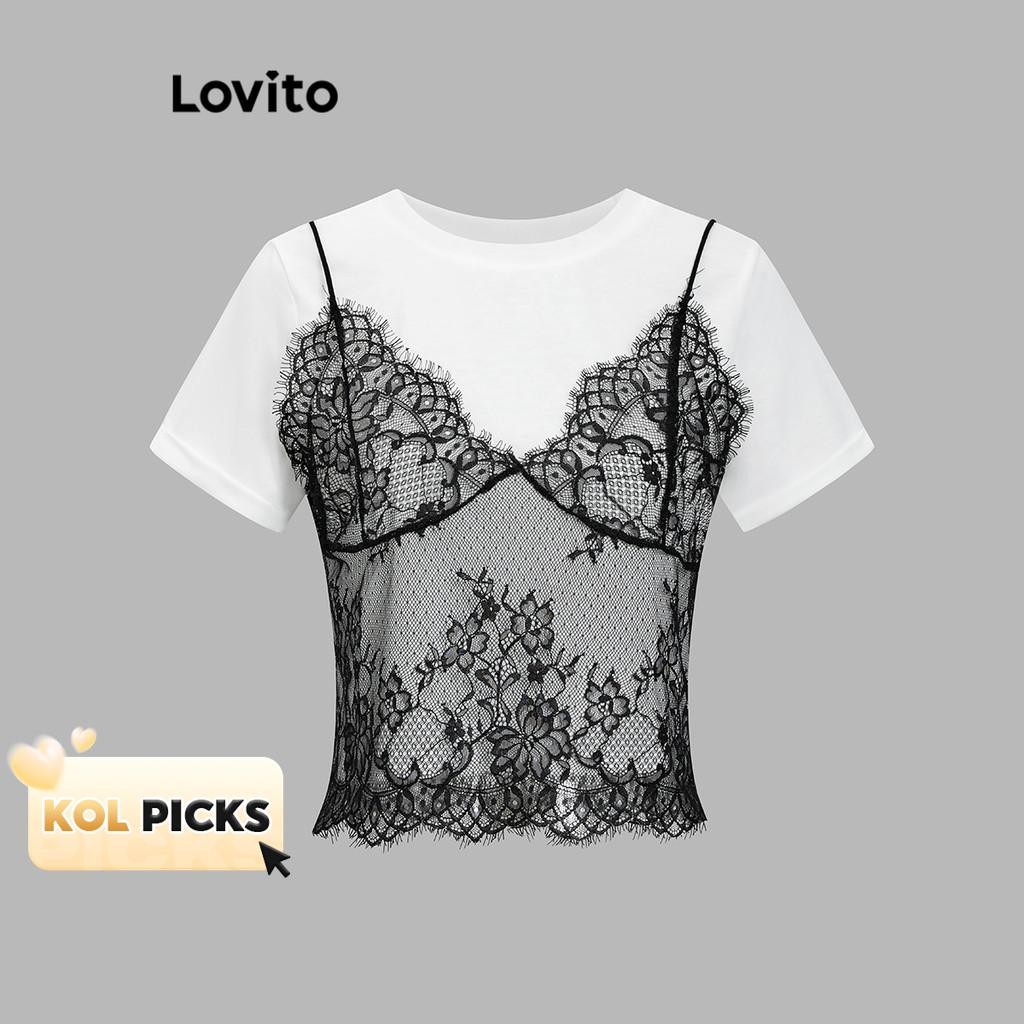 (KOL‘s pick) Lovito เสื้อยืดหรูหราเสื้อยืดเย็บผ้าลูกไม้ธรรมดาสําหรับผู้หญิง L106AD114