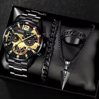 4PCS Jam Tangan Kuarsa Pria Tali Baja Tahan Karat Dial Bulat Jam Tangan Bisnis Tahan Air Malam Kalung Gelang Cincin Set - Tanpa Kotak
