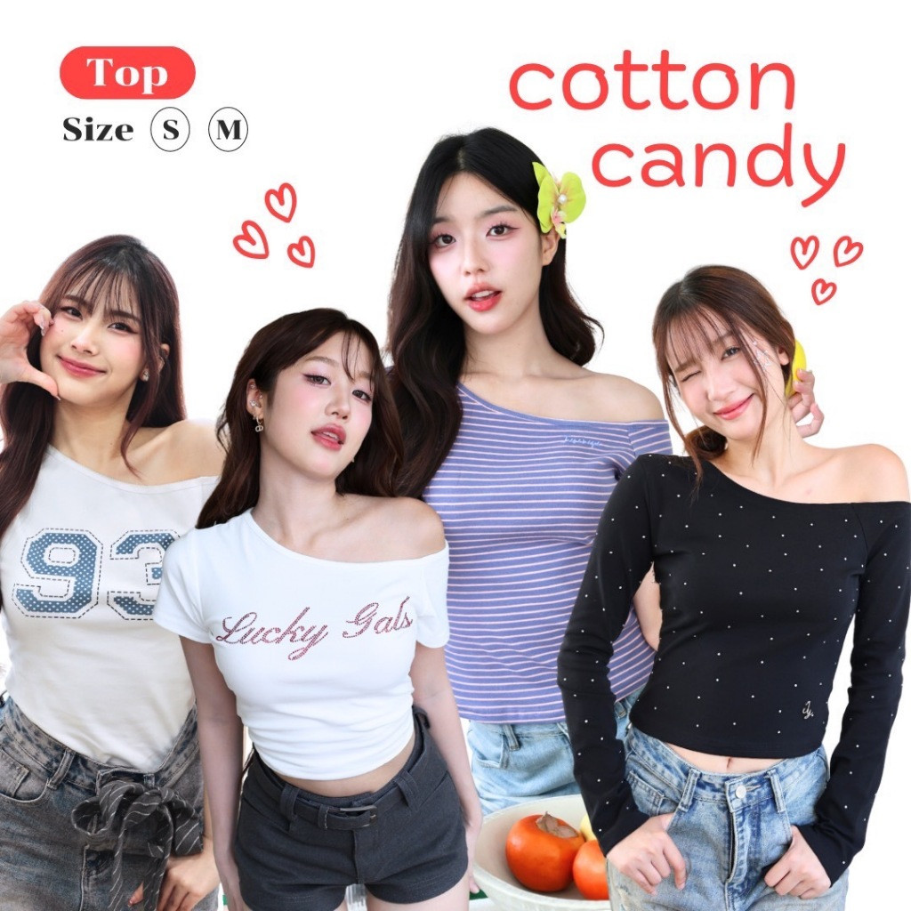 Bellevie.Shop เสื้อปาดไหล่เฉียงลายขวาง ปัก Jarinya (T916)