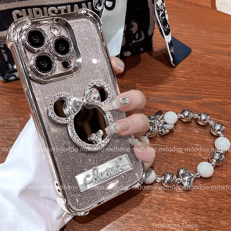 เคส for OPPO A6 Pro Reno 8T 5G 5 7 8 Pro 5F 4F 4G A93 A94 A55 Realme C55 C25S C25 C33 C35 C31 C15 C12 Narzo N50A N55 20 Prime 30A Full Four Corners Anti-fall Electroplate Glitter Soft Phone Case Shining Minnie Mirror SL Holder Luxury Cover JD 07