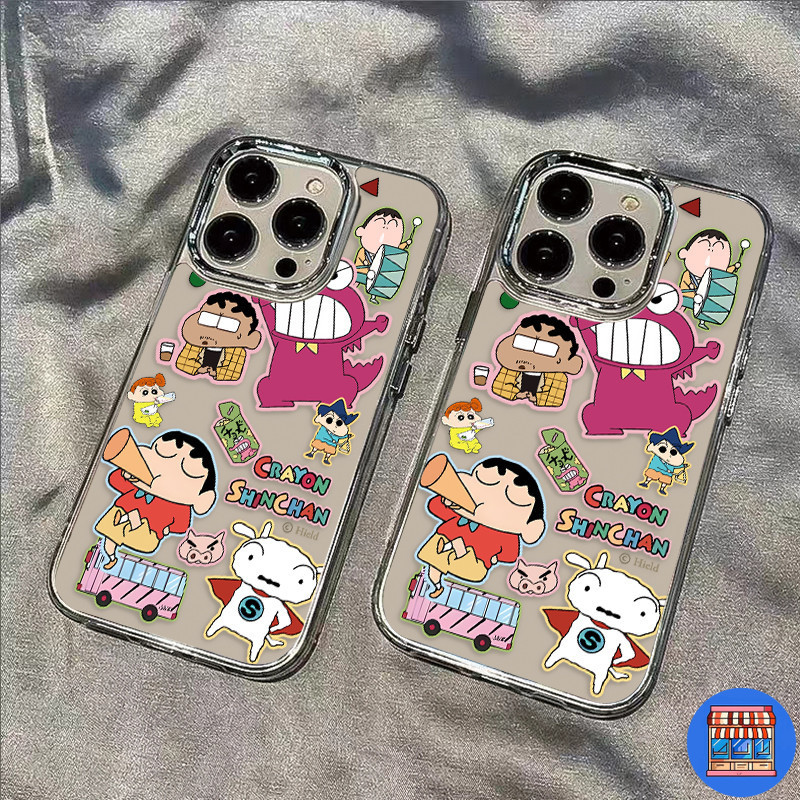 ส่งจากไทย เคสสำหรับไอโฟน13 การ์ตูนชินชมพูสีฟ้า เคสใสครอบสีเงิน For iPhone12 13 16 Pro PROMAX 14 15PL