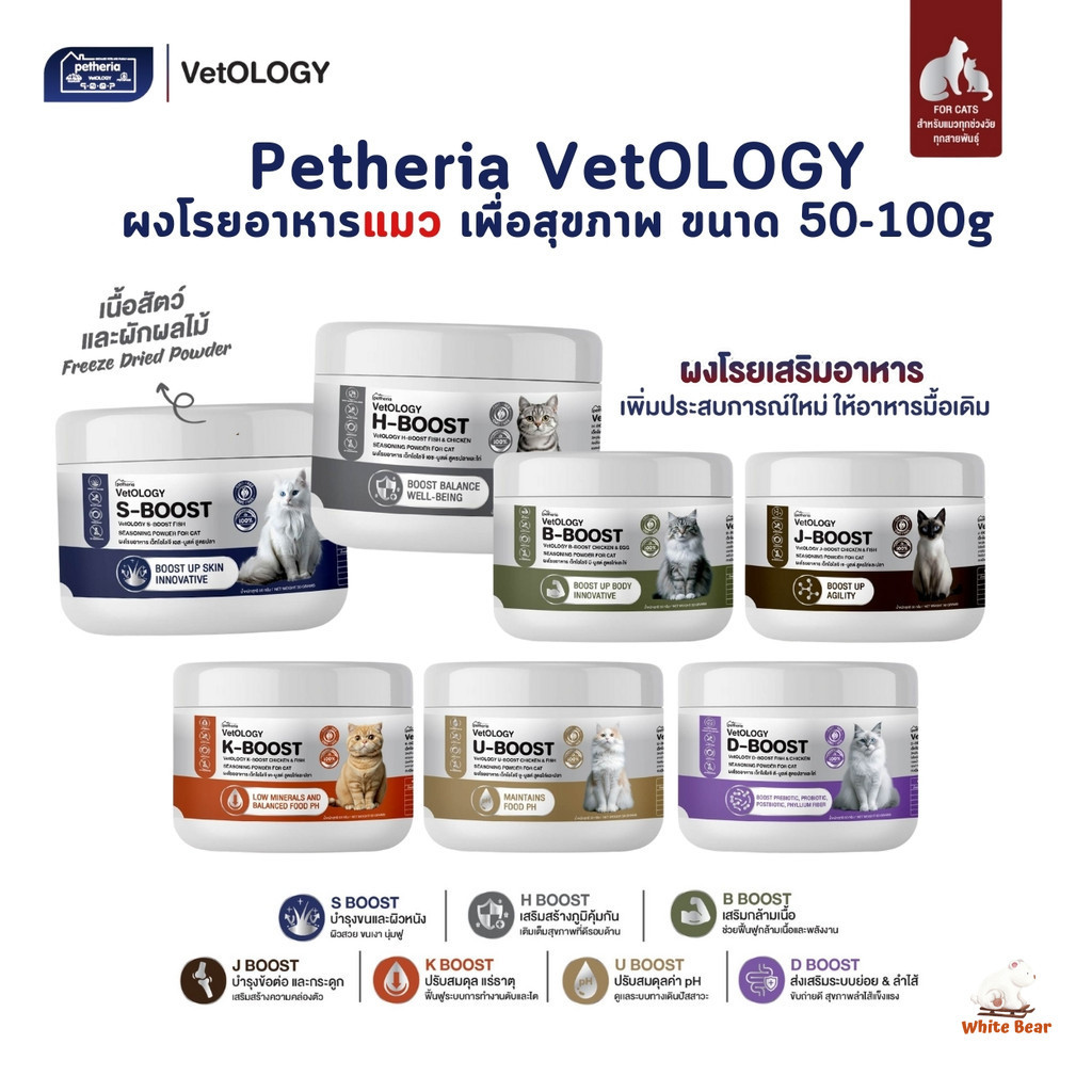 Petheria Vetology ผงโรยอาหารแมว เพื่อสุขภาพ ขนาด 50-100 กรัม