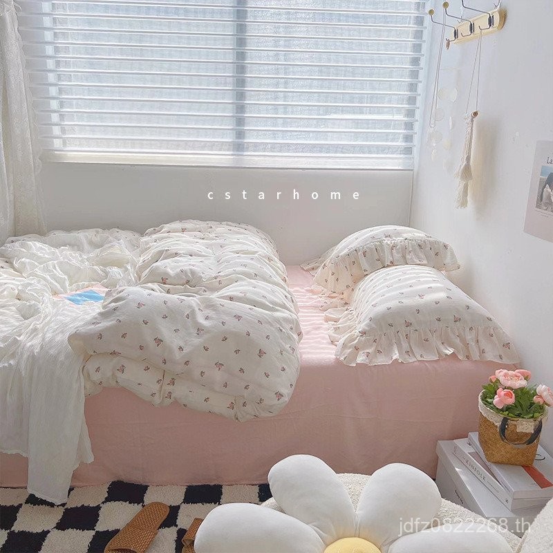 Enjoy A5LA Class Double Yarn Three Piece Set Ruffled Pastoral Four Floral Peach Bed Sheet~Naked Slee
