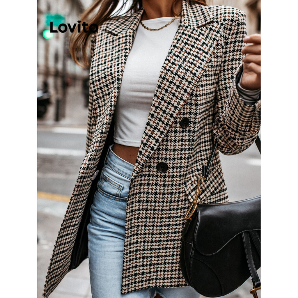 (Trendy) Lovito เบลเซอร์ผู้หญิง มีกระดุม ลายสก๊อต สไตล์ลำลอง LNL54247