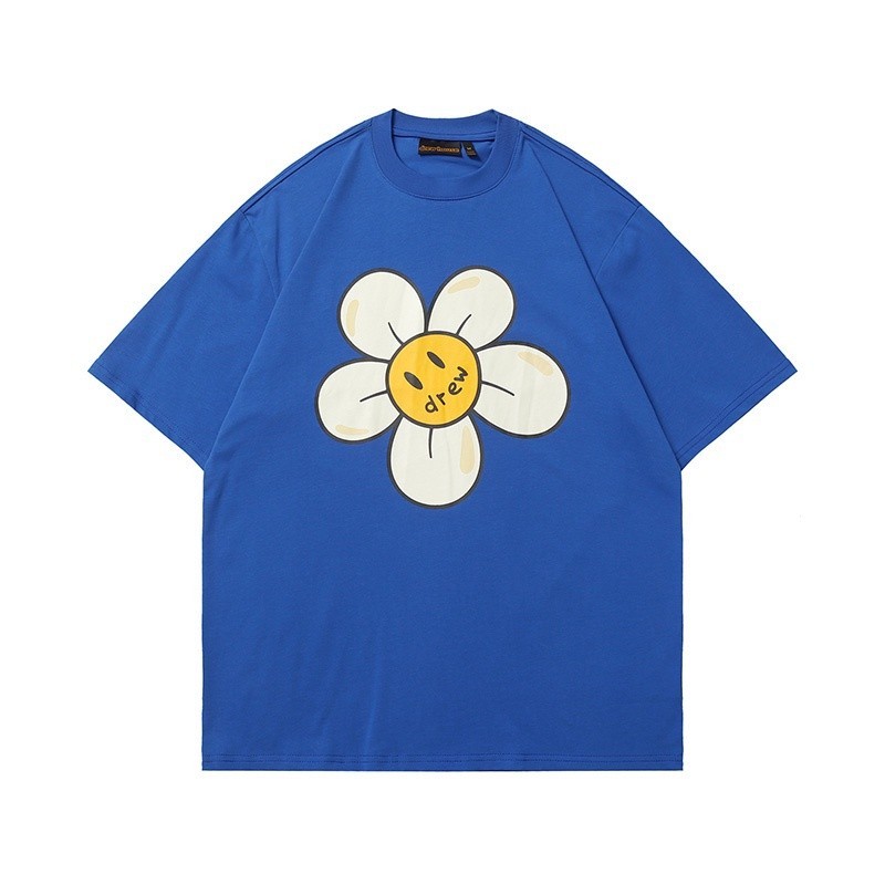 แฟชั่นผู้หญิง DREW HOUSE เสื้อยืด Smiley Face พิมพ์ 1:1 ผ้าฝ้ายคุณภาพดีสบาย Blue Tops Tee 2023 ฤดูร้