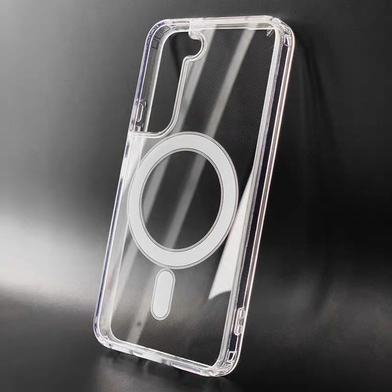 คริสตัลอะคริลิคใสชาร์จไร้สายแม่เหล็กสําหรับ Samsung Galaxy S21 S22 S23 S24 Plus Ultra 21FE 23FE กันกระแทกแม่เหล็กกรณี