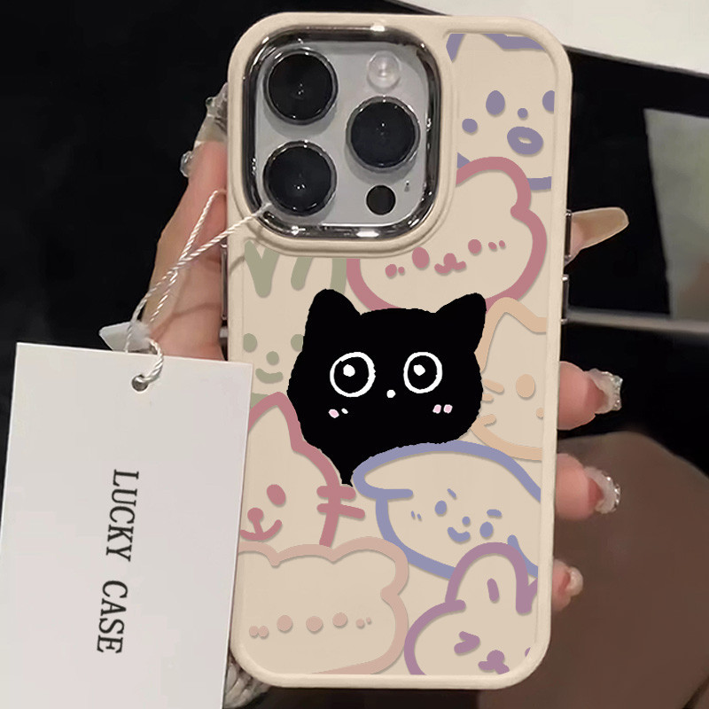 น่ารักสีสันสัตว์น้อยแมวดําเคสโทรศัพท์สําหรับ IPhone 7 8 8Plus 11 12 13 14 15 Pro Max X XS XR SE 2020metal กรอบซิลิโคนใจกว้างฝาหลัง