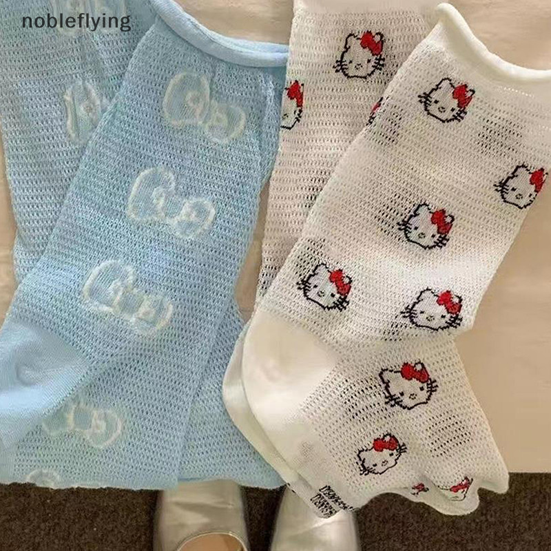 Nf การ์ตูน Sanrio ถุงเท้าน่ารัก Hello Kitty Bow ถุงเท้ากลางหลอดผ้าฝ้ายบางกีฬาตาข่าย Hollow ถุงเท้าระบายอากาศหวาน Girly Heart ของขวัญ nobleflying