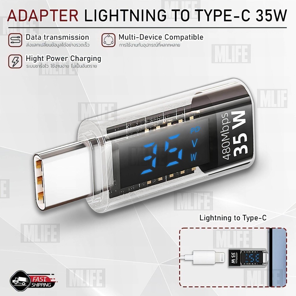 MLIFE - หัวแปลง อะแดปเตอร์แปลง PD 140W Lightning to Type-C / Type-C to Type-C แปลงหน้าจอดิจิทัล OTG - Fast Data Transfer