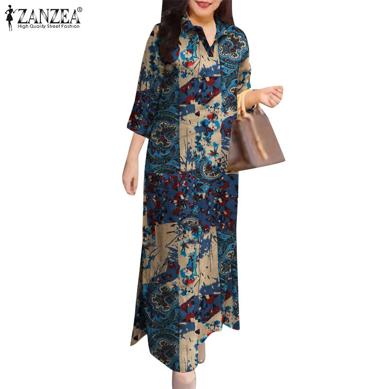 ZANZEA ใส่ ซานเซีย ผู้หญิงวินเทจเปิดลง-ปกเสื้อ3/4แขนข้อเท้าความยาวเสื้อชุด