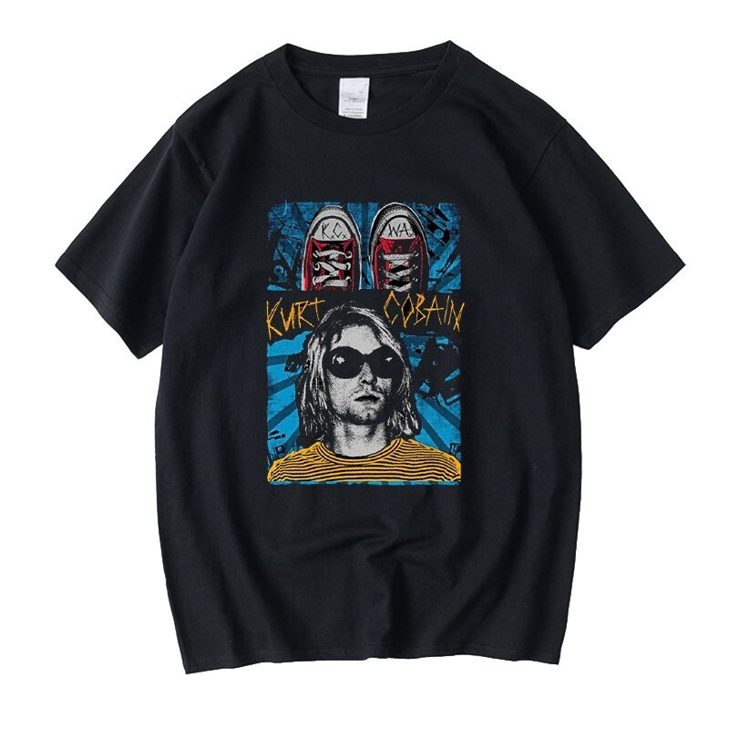 Nirvana Kurt Cobain 90S Vintage เสื้อยืด Unisex สีดํา O-คอผ้าฝ้ายเสื้อยืด Casual รูปแบบ Te