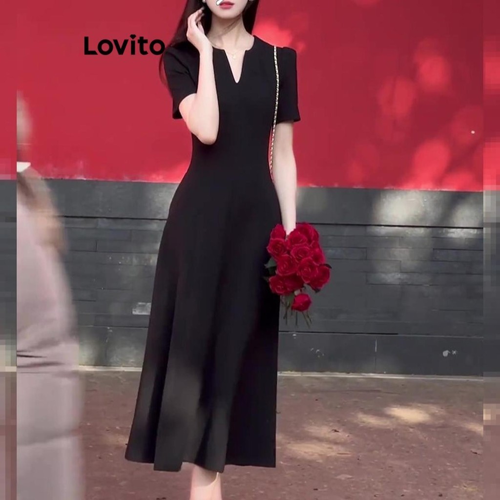 Lovito ชุดเดรสผู้หญิง เข้ารูป สีพื้น หรูหรา LNE58283