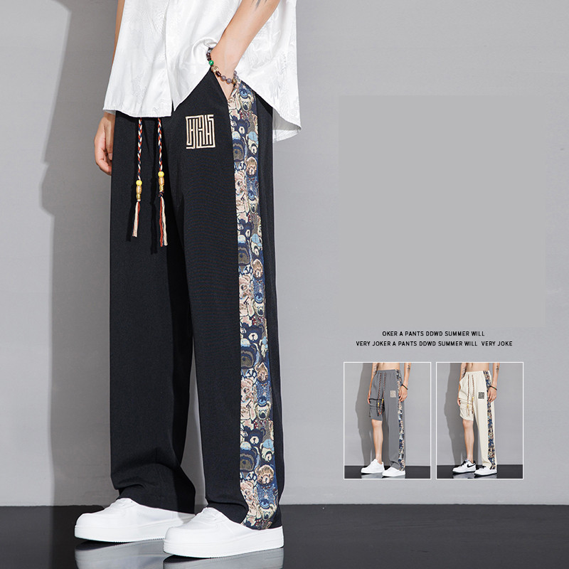 กางเกงประกบปักลายหมีหลวมตรงฤดูร้อนของผู้ชาย