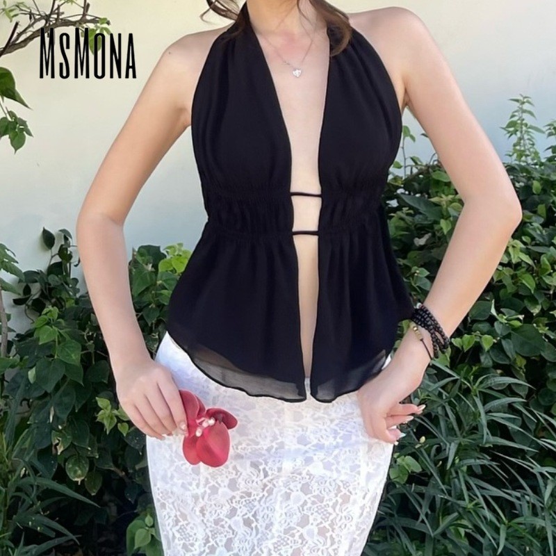Msmona ผู้หญิงเสื้อกล้าม 2024 สีทึบ Backless Halter แขนกุดแฟชั่นทุกวัน Casual Slim Fit กลางแจ้ง Streetwear ทั้งหมดตรงกับ