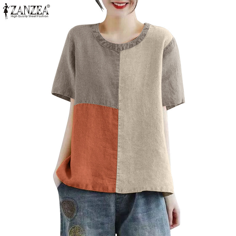 Zanzea เสื้อเบลาส์คอกลมแขนสั้นผ้าฝ้ายลําลองเกาหลีสําหรับผู้หญิง