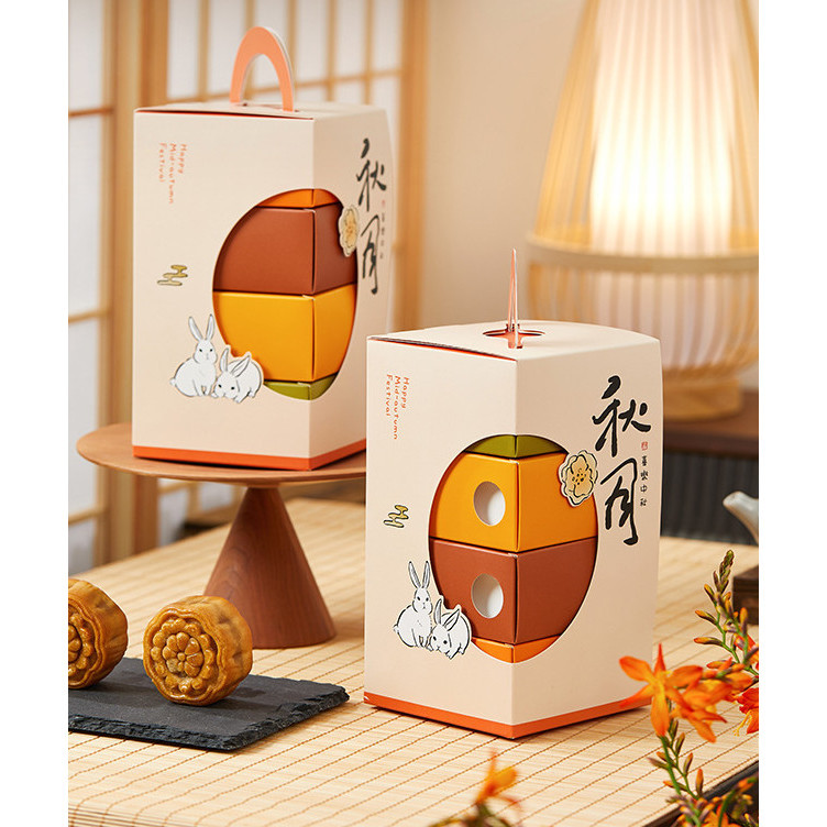 กล่องขนมไหว้พระจันทร์ หูหิ้ว 10x10x17.8 ซม. เค้ก กล่องมูน ขนมเปี๊ยะ กล่องของขวัญ ของฝาก mooncake MOON166