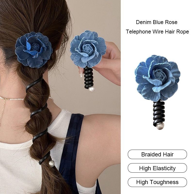aidderse.thDenim Blue Rose โทรศัพท์ลวดเชือกผม High-end ยางรัดผ้าโพกศีรษะส่วนบุคคล-