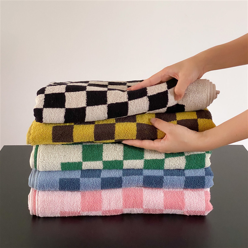 Dreamerhouse การจับคู่สี Retro Checkerboard Checkerboard ผ้าขนหนู Long-staple ผ้าฝ้ายผ้าขนหนูเช็ดหน้าในครัวเรือนดูดซับผ้าเช็ดตัวของขวัญ