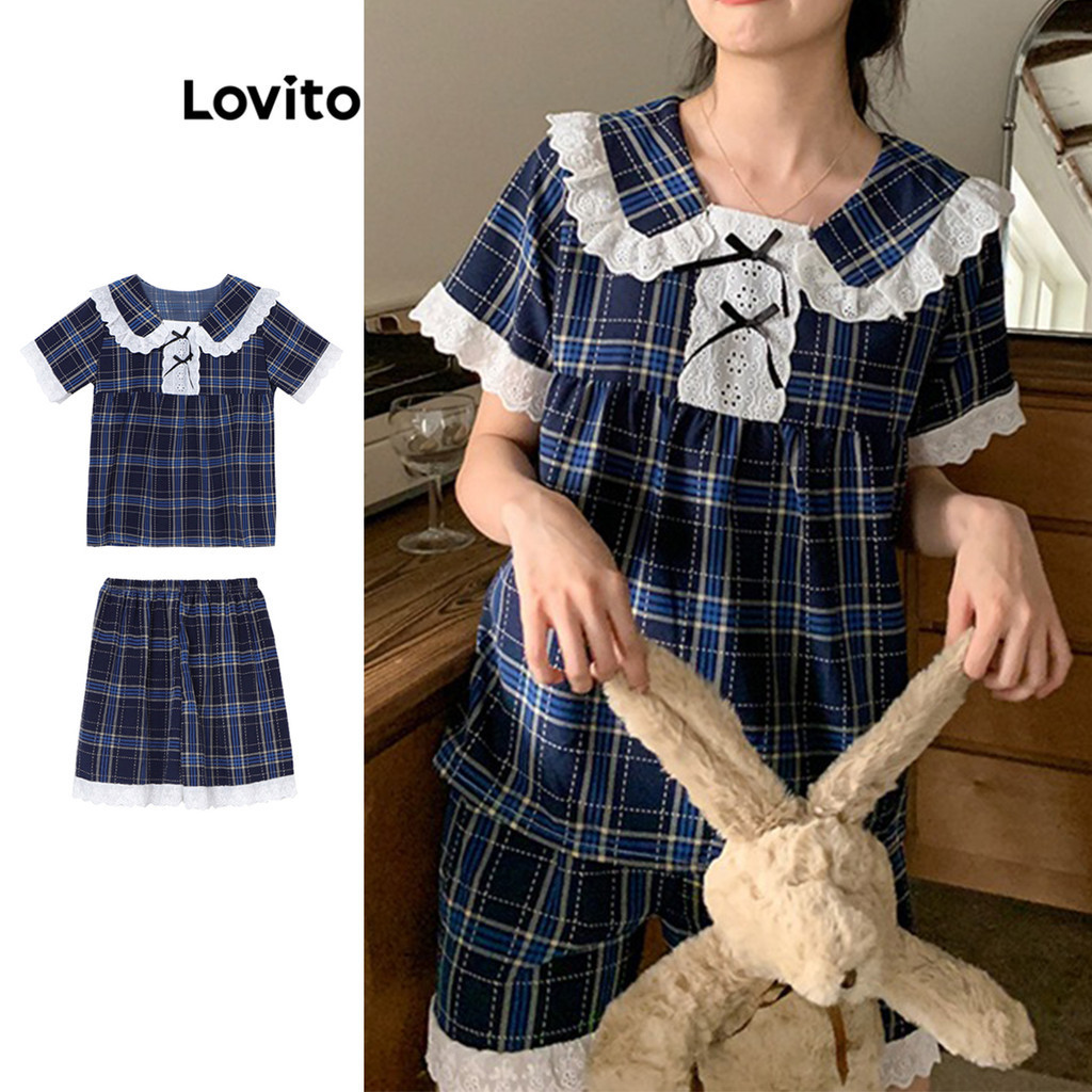 Lovito ชุดนอนผู้หญิง ลายสก๊อต คอแต่งระบาย ประดับโบว์ สไตล์ลำลอง LNA54180