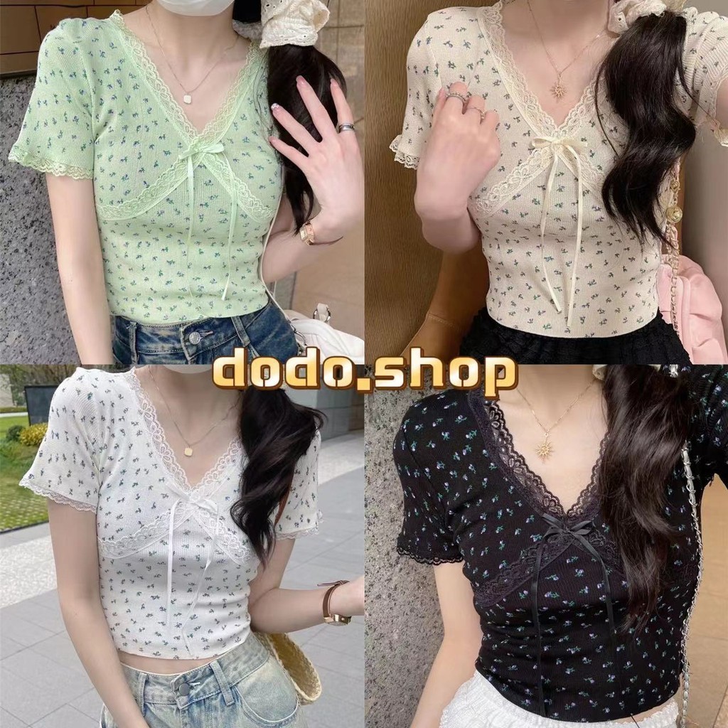 DODO⭐สินค้าพร้อมส่ง⭐เสื้อยืดคอวีแขนสั้น แต่งลายลูกไม้ที่ขอบ ประดับโบว์สีสวย (58116-1)