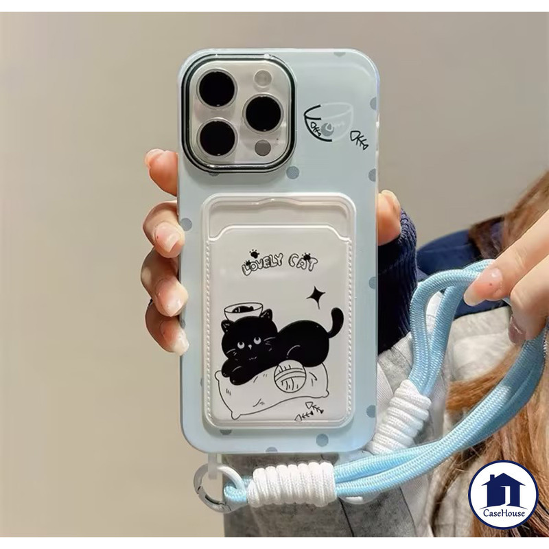 เคสใส่บัตรรูปแมวน่ารักพร้อมสายคล้องเข้ากันได้กับ IPhone 7 Plus XR 15 13 12 11 14 Pro Max 12 11 15 14 13 Pro X XS Max SE