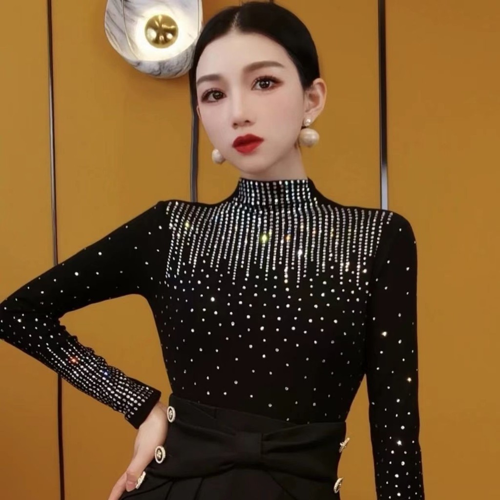 ใหม่ครึ่งคอสูง Heavy Duty Hot Diamond Slimming แฟชั่นเสื้อยืดแขนยาว