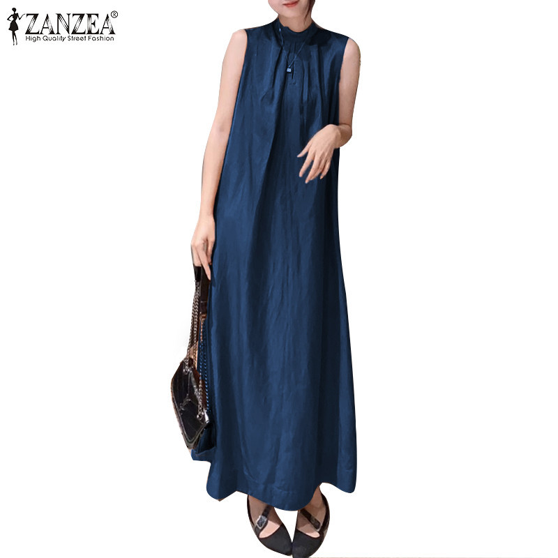ZANZEA ซานเซีย ผู้หญิงลําลองหลวมแข็งแขนกุดยืนปกชุดยาว