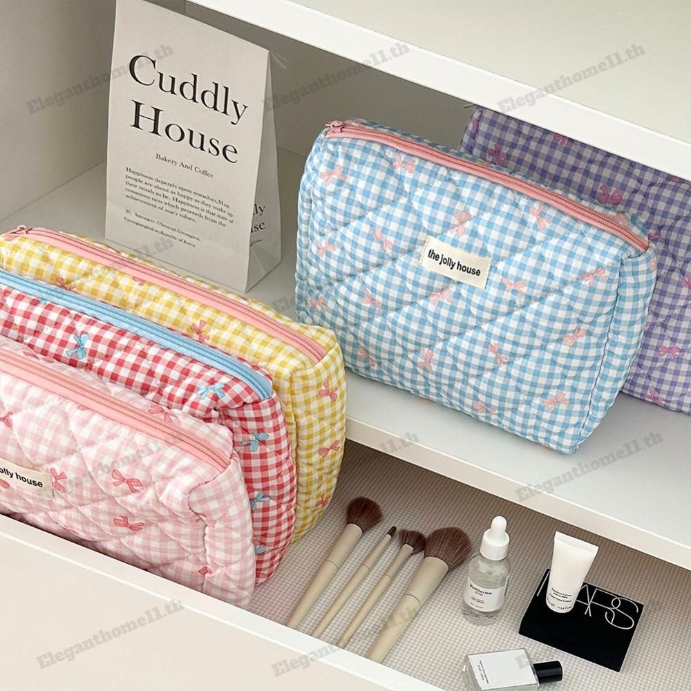 Checkered Cute Bow Makeup Bag Cotton Quilted Travel Makeup Pouch for Women Girls