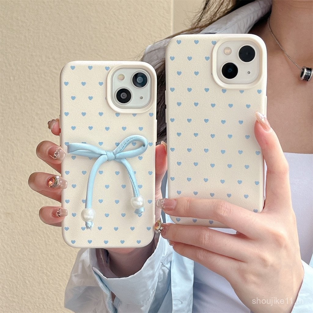 ลายหนังโบว์สามมิติสีฟ้ารัก iphone15promax เคสมือถือแอปเปิ้ล14กันกระแทก13เคสนิ่ม12 fgtz