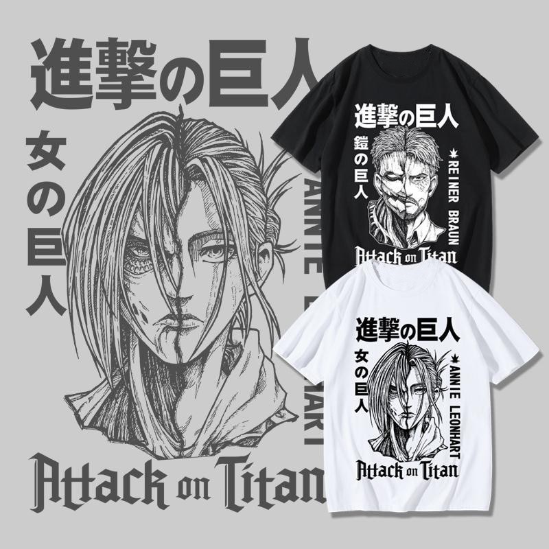 เสื้อผ้าฝ้าย สี Attack on Titan เสื้อยืด Armored Titan Reiner Giantess Ani พิมพ์แขนสั้นผู้ชายอะนิเมะญี่ปุ่น เกม ฝ้าย
