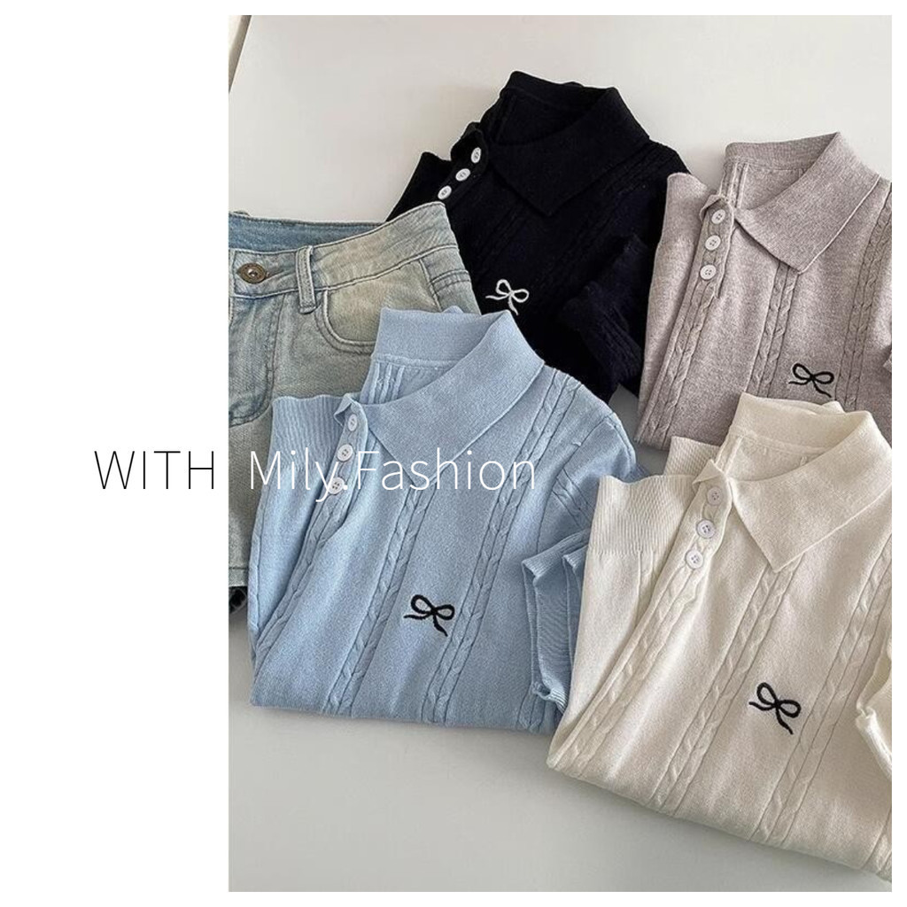 Milyfashion ฤดูร้อนใหม่ POLO คอกลิ่นเล็ก ๆ น้อย ๆ โบว์ปักแขนสั้นด้านบน