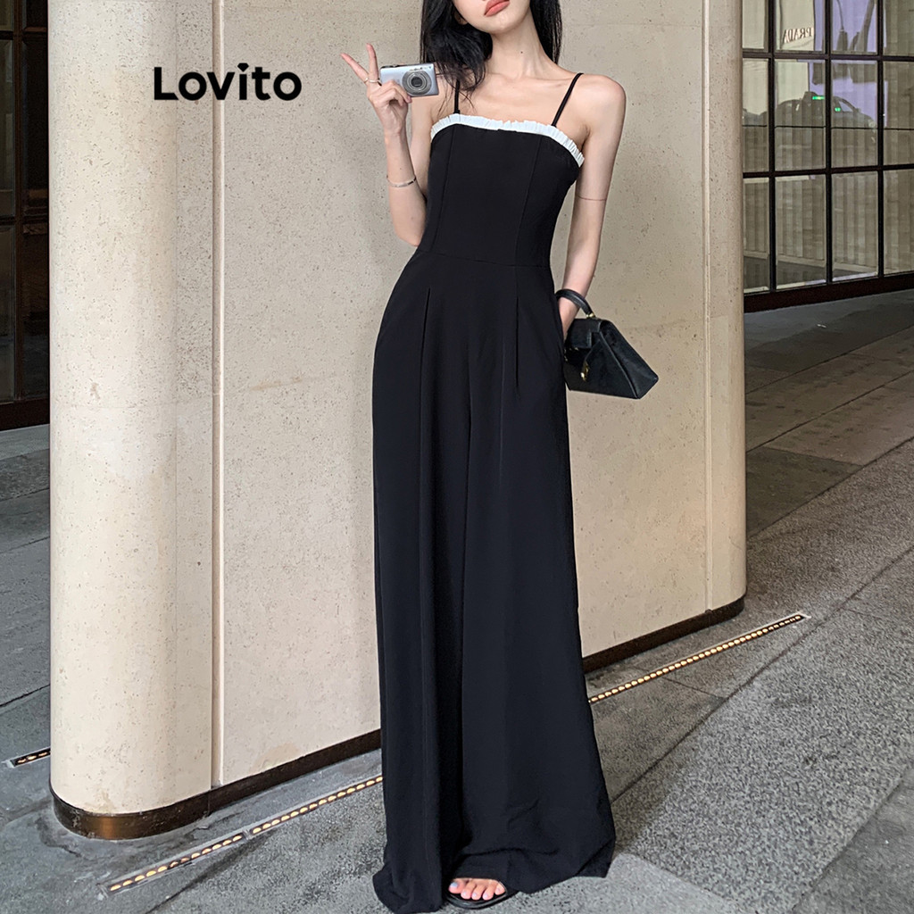 Lovito ชุดจั๊มสูทผู้หญิง จับจีบ สีพื้น สไตล์ลำลอง LNE62474