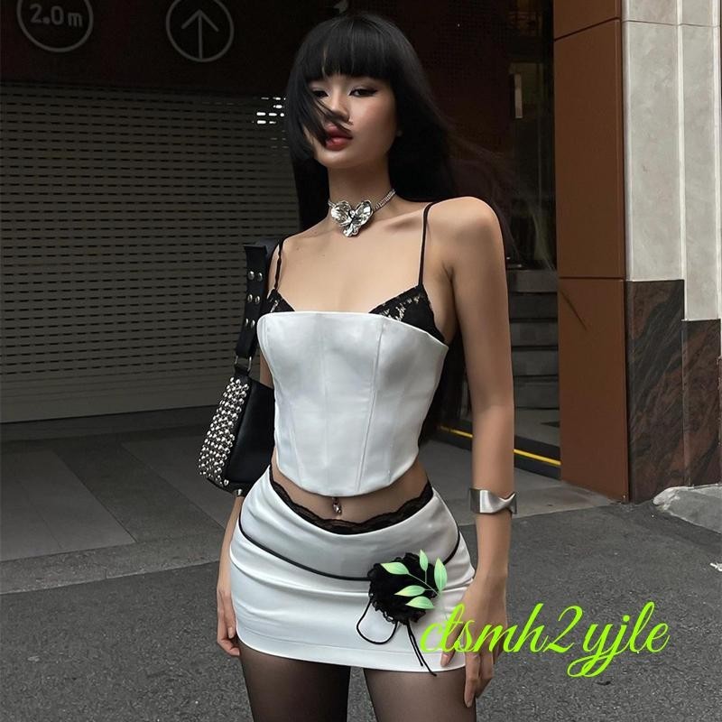 ผู้หญิง 2 ชิ้นฤดูร้อนชุดแขนกุดลูกไม้ Trim คอ Crop Cami Tops + กระโปรงมินิชุด Clubwear