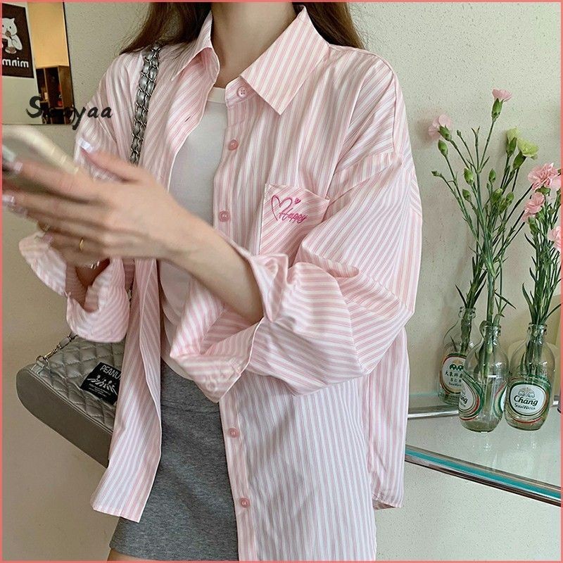 เสื้อเชิ้ตแขนยาวทรงหลวมลำลองดีไซน์เรียบง่ายด้านบนเสื้อเชิ้ตลายปัก SY