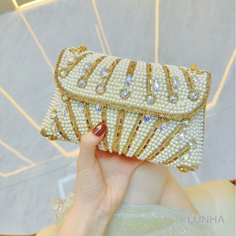 กระเป๋าถือสุภาพสตรีหรูหรากล่องคลัทช์กระเป๋าcrossbody Rhinestonesไหล่กระเป๋าHandmade Pearlรักแร้กระเป๋าสําหรับจัดเลี้ยงParty