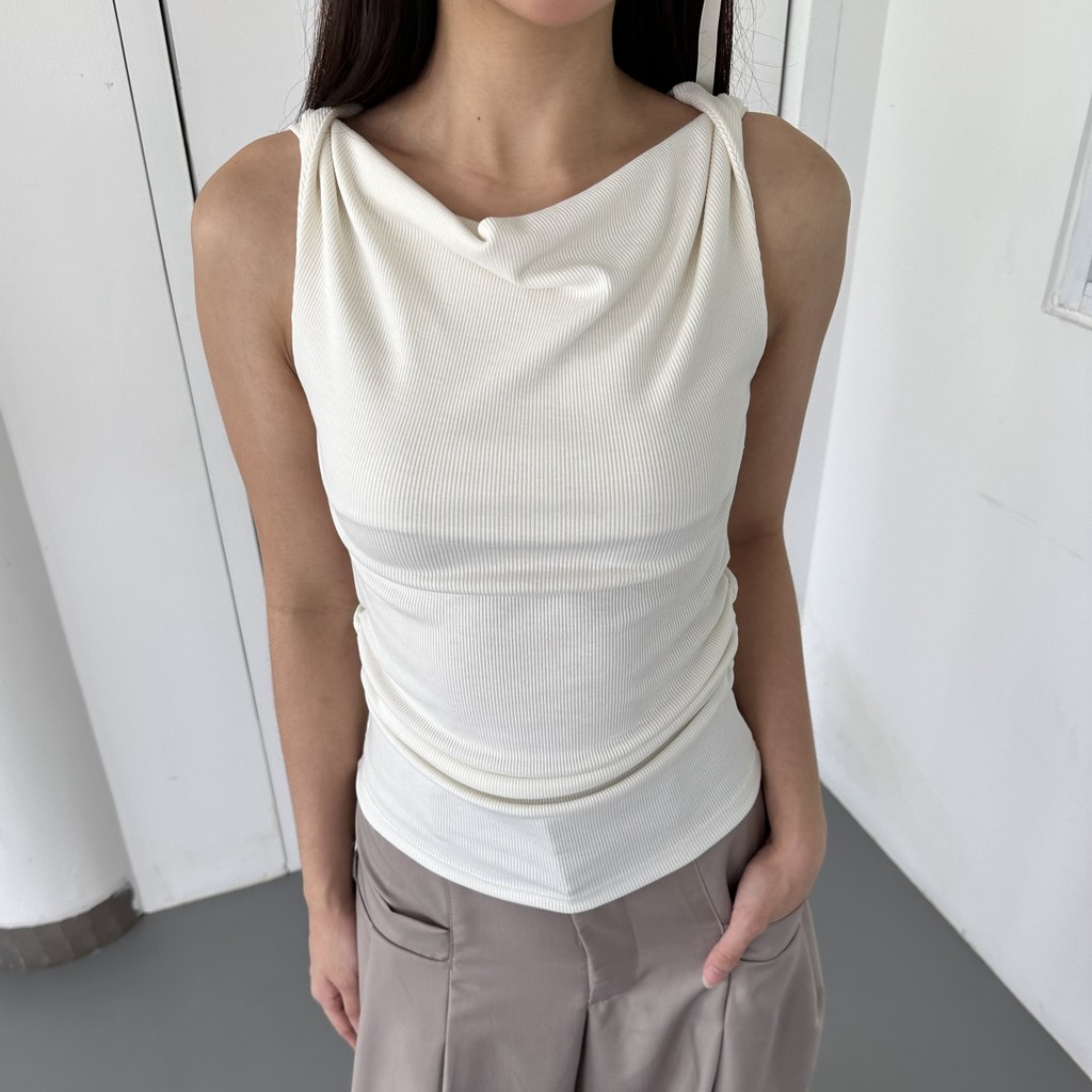 LILA TOP - Ribbed ถัก Drape Top Cowl คอปิดไหล่ Racer Tee Basic Crop Top ฤดูร้อนผู้หญิงซี่โครง Posha