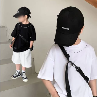 (จัดส่ง24ชั่วโมง)เสื้อยืดเด็กผู้ชาย สไตล์เกาหลี ผ้าฝ้าย100% หลวม สกรีนคอ ไซส์90-150 มีหลายสี เสื้อเด็กผู้ชาย kids