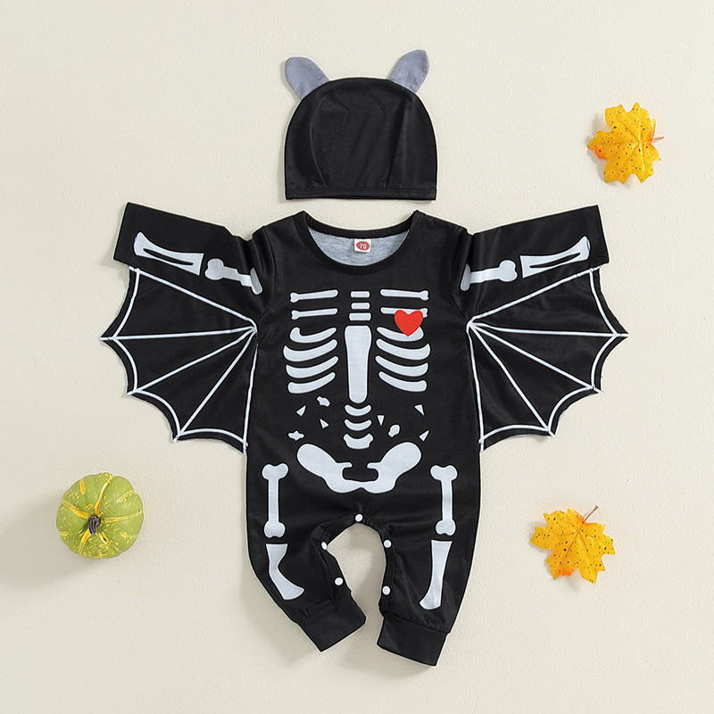 ชุดจั๊มสูทแขนยาวคอกลมพิมพ์ลายโครงกระดูกสำหรับเด็กชาย ชุดฮาโลวีน