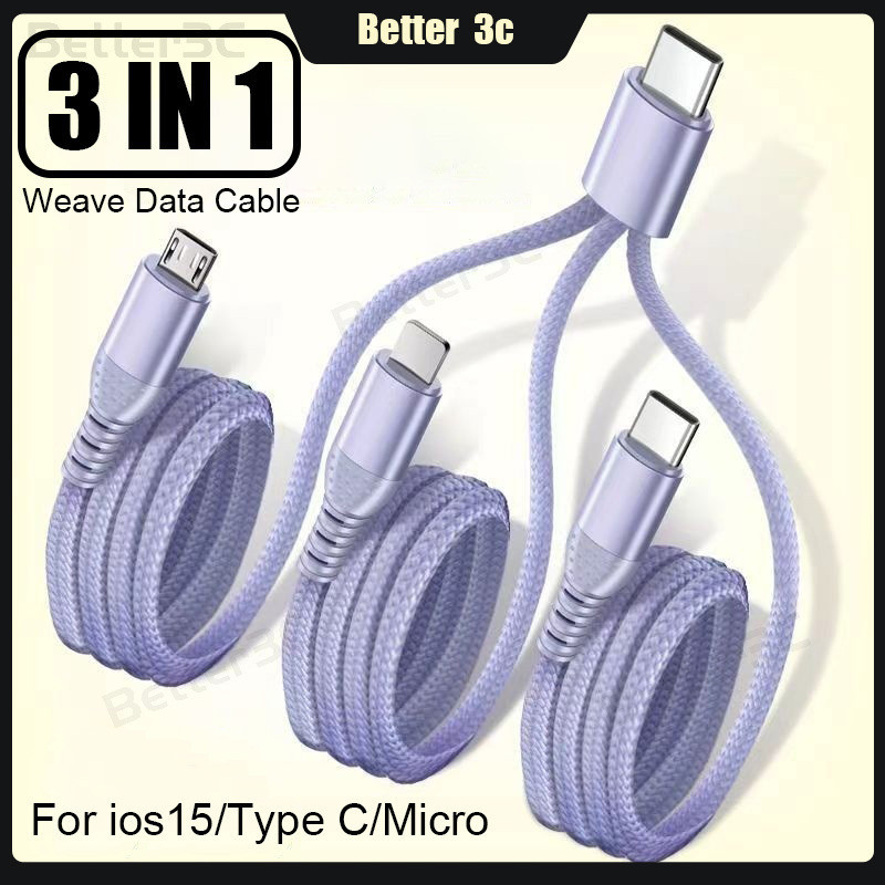 3 In 1 Fast สายชาร์จสําหรับ ios Type C Micro 1 ถึง 3 USB A/C สานข้อมูลสาย USB C Flash Charger สายไฟ 6A สายชาร์จสําหรับโทรศัพท์