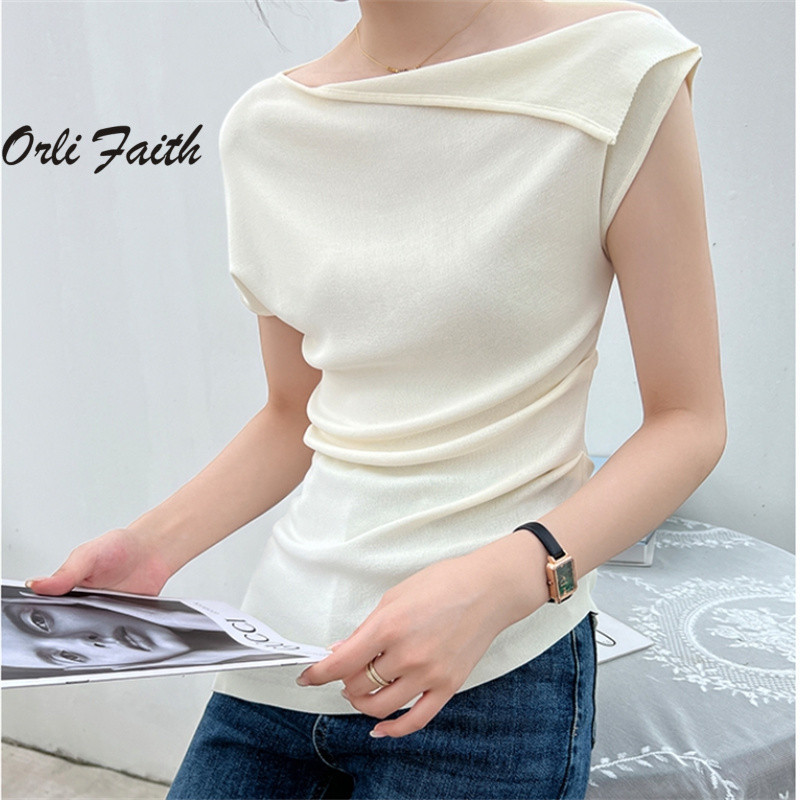 Orlifaith เสื้อยืดผู้หญิง 2024 สีทึบไม่สมมาตรปิดไหล่แขนสั้น Slim Fit เสื้อลําลอง