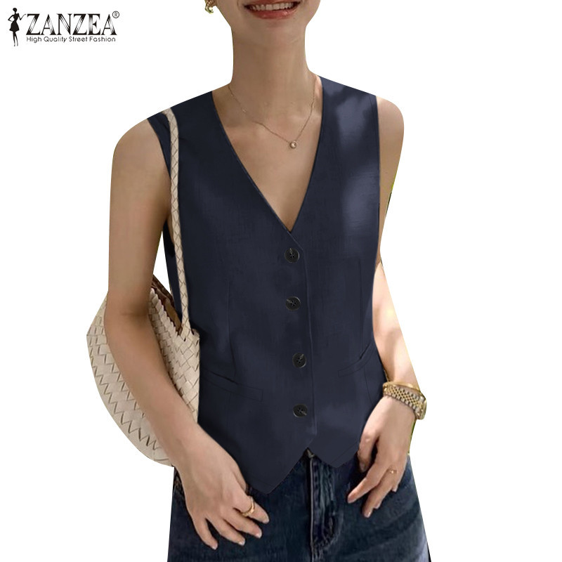 ZANZEA ซานเซีย ผู้หญิงแฟชั่นเกาหลีสีทึบหัวเข็มขัดเสื้อแขนกุดลําลอง