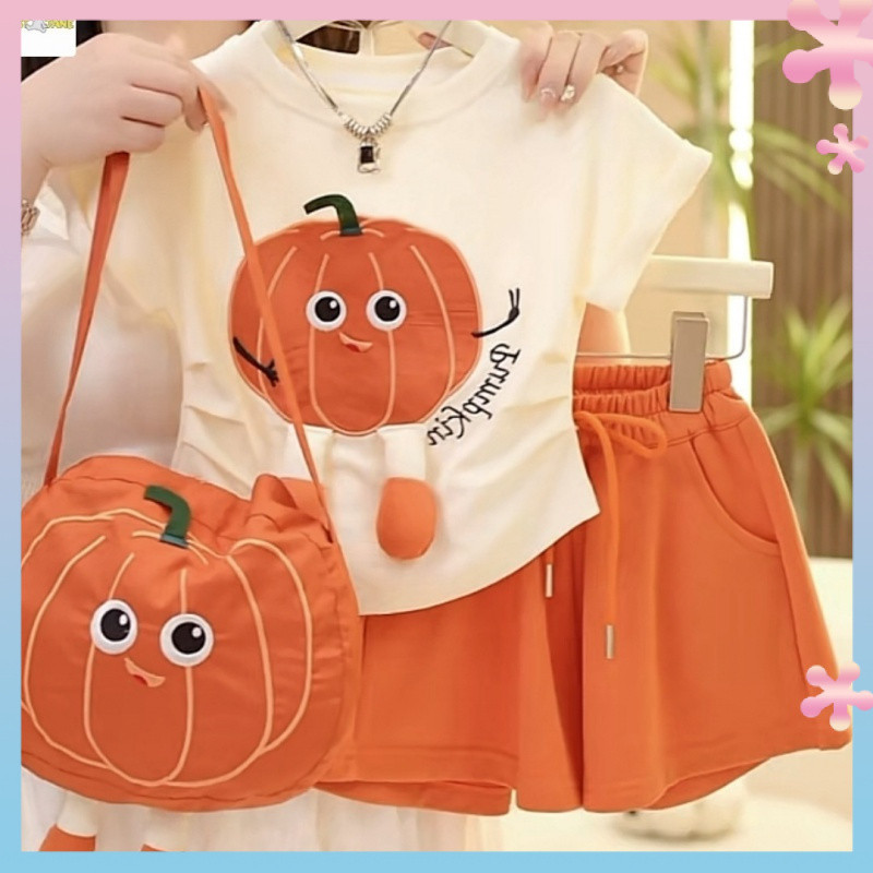 Western Style Child Girl Summer Pumpkin Suit New Cartoon Summer Clothing2024Baby Short Sleeve Western Style Two-Piece Suit
