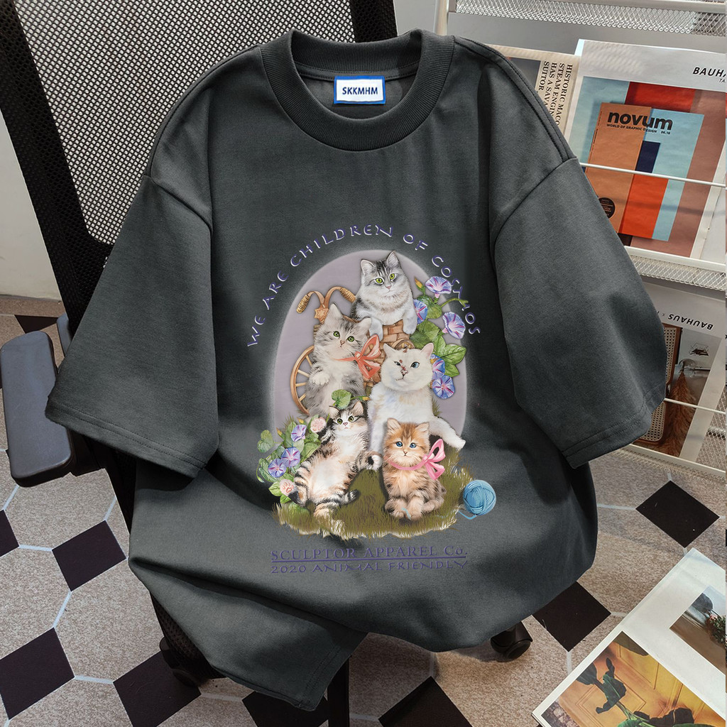 เสื้อยืดโอเวอร์ไซส์ TIHIK 100%Cotton T-shirt เสื้อยืดแขนสั้นสีเทาลายการ์ตูนน่ารักหลวม T1852