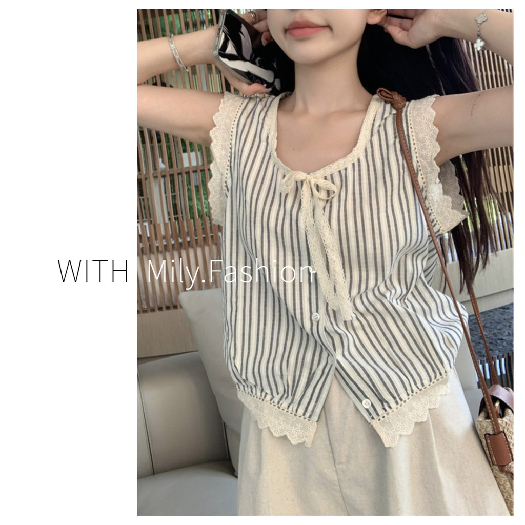 Milyfashion แฟชั่นลาย Laced-Up เสื้อกั๊กเสื้อ 2024 ฤดูร้อนสไตล์ใหม่ผู้หญิงเกาหลีเสื้อสเวตเตอร์ถักหลวม Slimmer ดูด้านบน