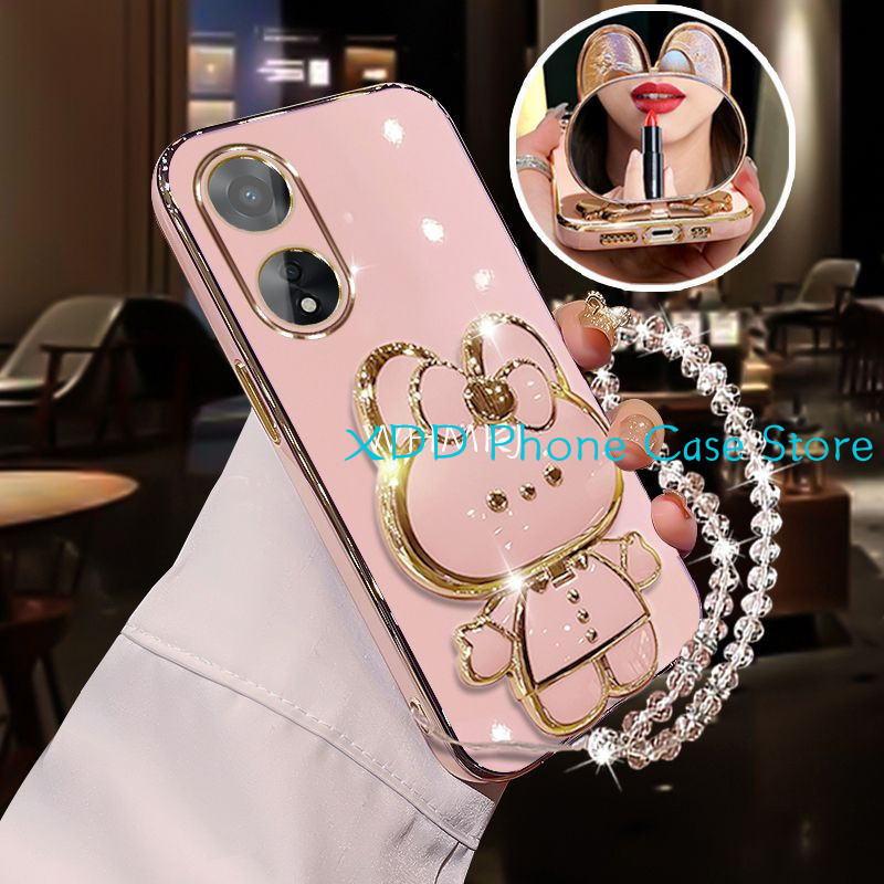 กรณี Oppo A38 A18 A17 A17K Oppo A60 A2M A2 Pro A2 A79 5G 4G เคสโทรศัพท์ป้องกันกันกระแทกผู้ถือเชลล์ 3D การ์ตูนแต่งหน้ากระจก Lanyard สลิงปกหลัง