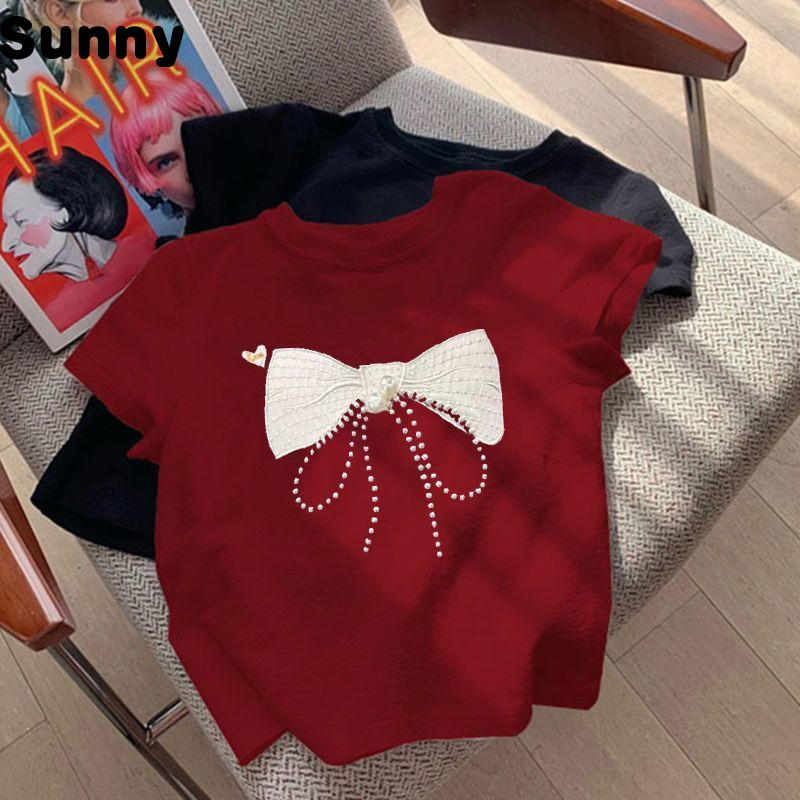 Sunny _Flab Hiding Bow Short SleeveTT-shirt Women's Summer Slim Fit Slimming Sense of Design Niche Short Top Fashion