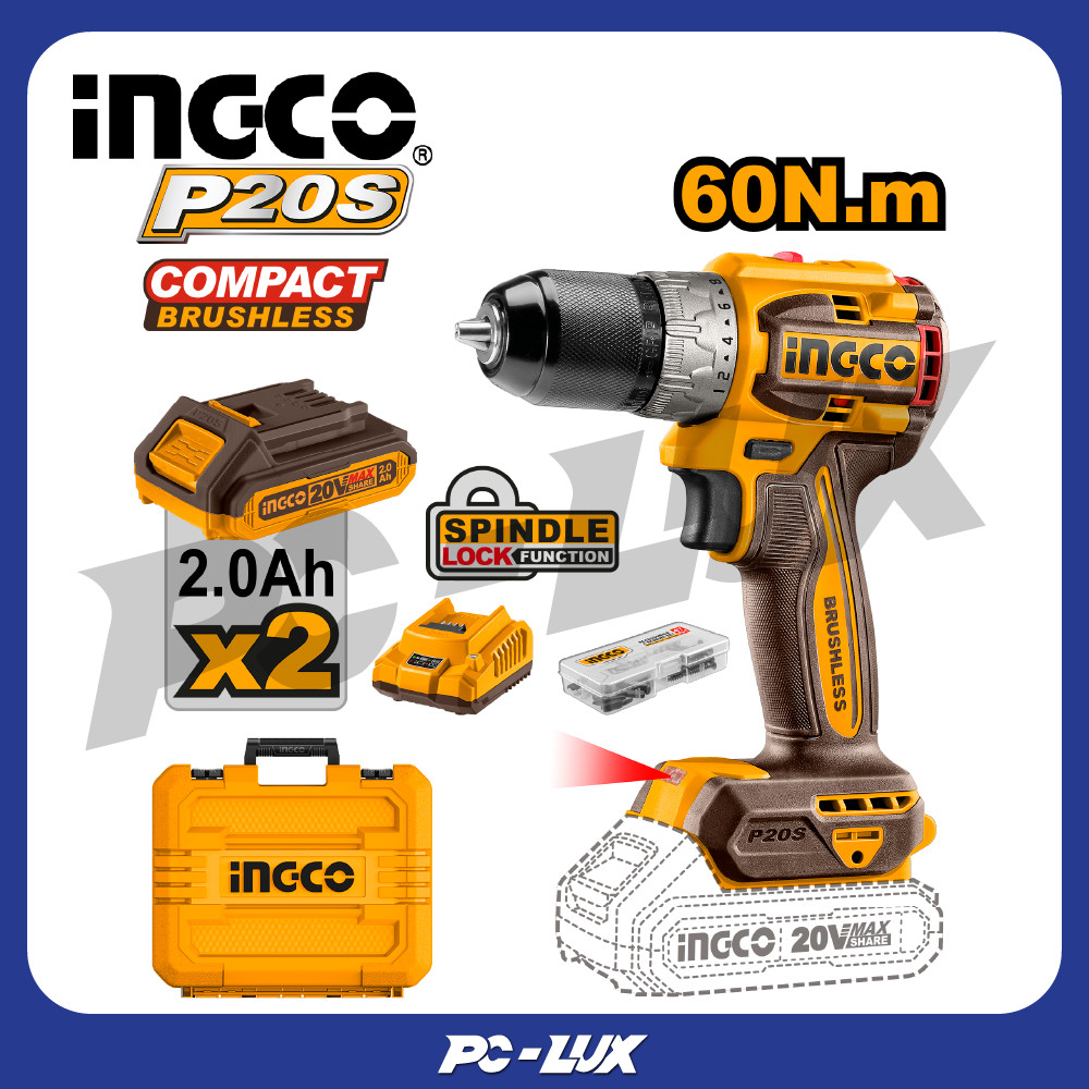 INGCO สว่านไร้สายแบตเตอรี่ 20 V รวมแบตและที่ชาร์จ CDLI20602
