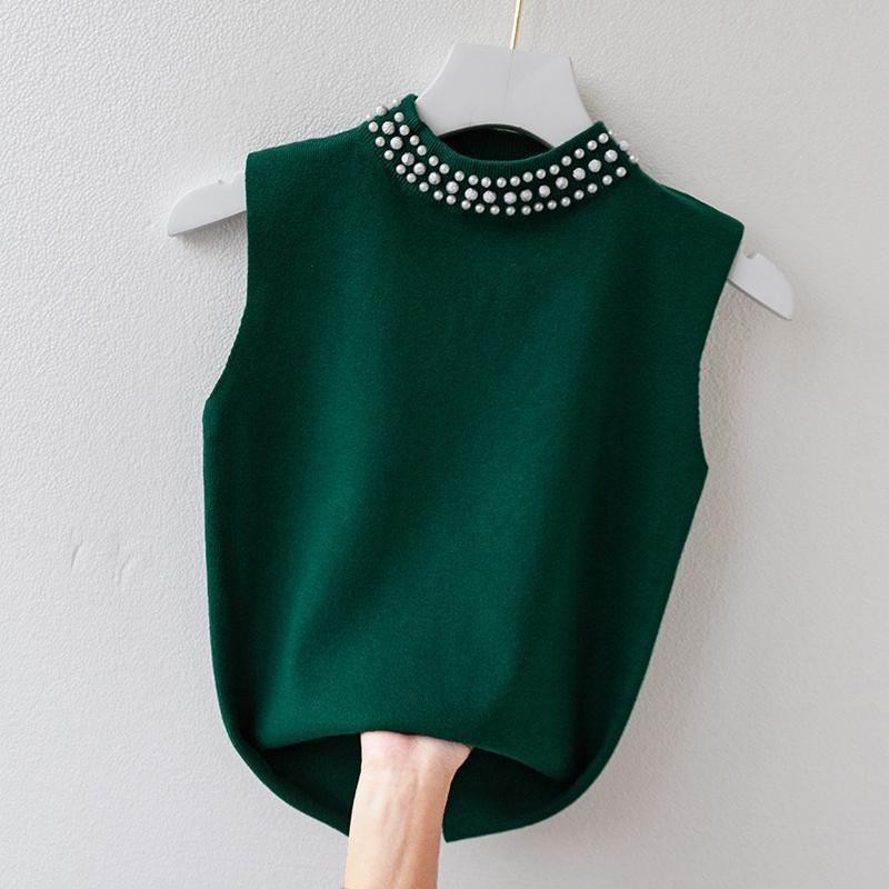 Beaded Camisole Womens Inner match Slim-fit Fashion All-match Half-high Collar Bottoming Shirt