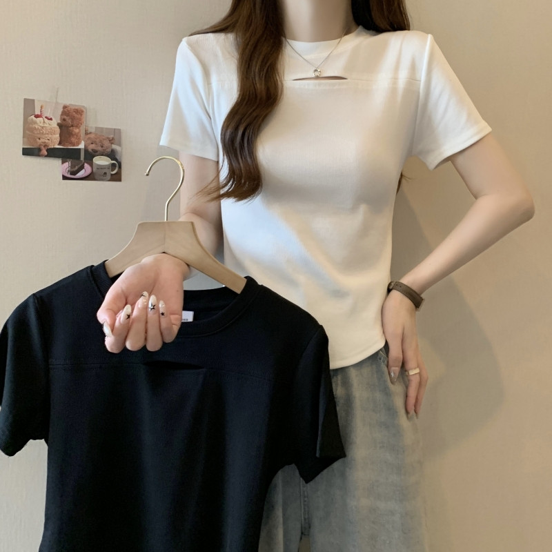 เสื้อผ้าฤดูร้อนผ้าฝ้ายแท้40ชิ้นความรู้สึกการออกแบบกลวงเสื้อยืดแขนสั้นสำหรับผู้หญิงสไตล์แมทช์ง่ายถักจ