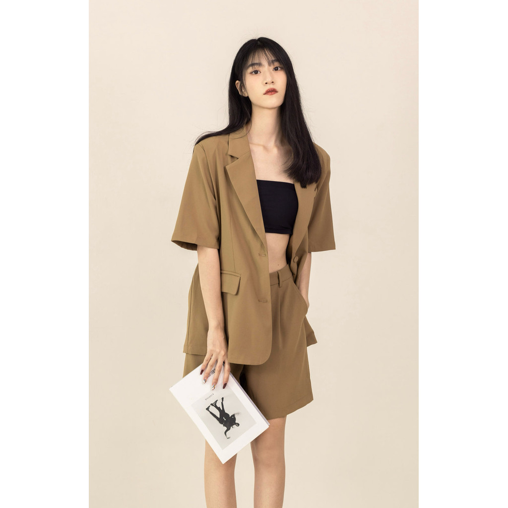 TAHLIA SHORT SLEEVE BLAZER & TAILORED SHORTS [KHAKI BROWN]